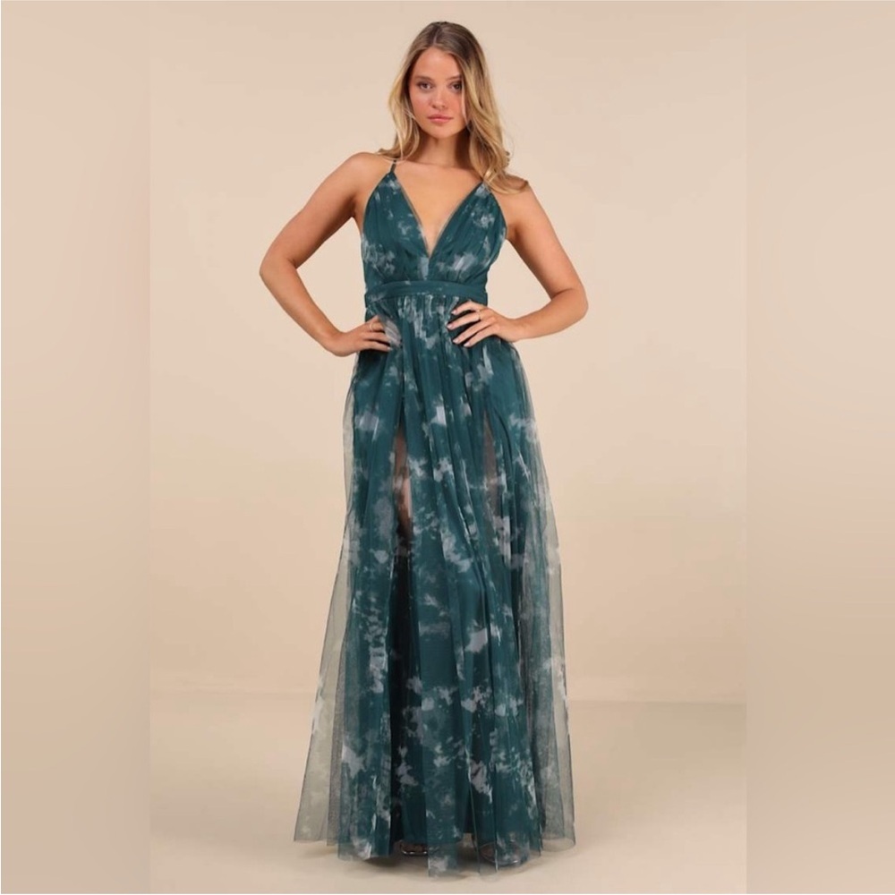 Lulu's Teal Cloud-Print Plunge V-Neck Maxi Dress